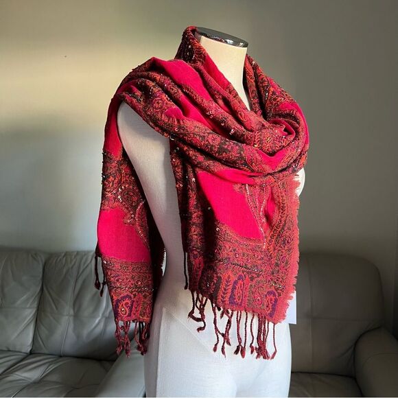 NEW Heirloom Anna Pashmina Shawl Pure Wool Beaded Sequined Embroidered Dark Red - Picture 13 of 16